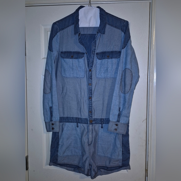 PAIGE Pants - PAIGE Two-Tone Light and Dark Blue Denim Romper